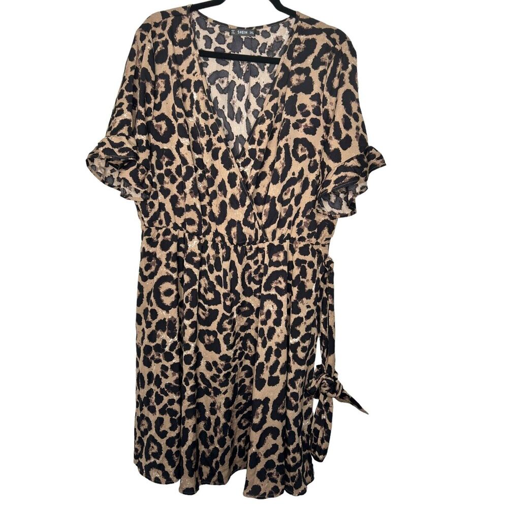 Shein Curve Dress Size 3XL Animal Print Short Sleeve Ruffle V-Neck Faux Wrap